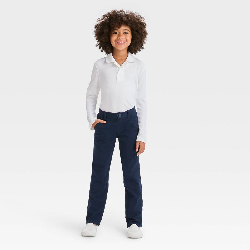 slide 3 of 3, Girls' Straight Fit Uniform Pants - Cat & Jack™ Blue 18: Adjustable Waistband, Reinforced Knee, 1 ct