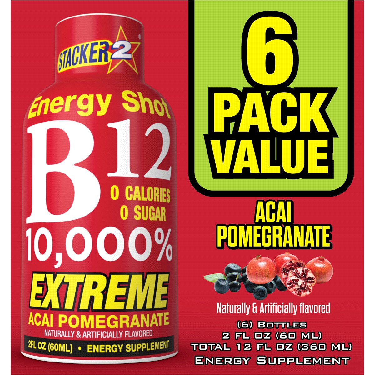 slide 1 of 5, Stacker 2 B12 10,000% Energy Shots Acai Pomegranate flavor - 6 ct, 6 ct