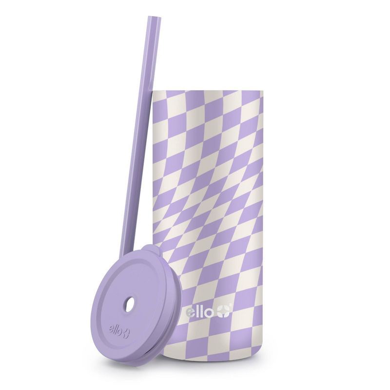 Ello Vita 20oz Stainless Steel Straw Tumbler - Purple/White Checkered