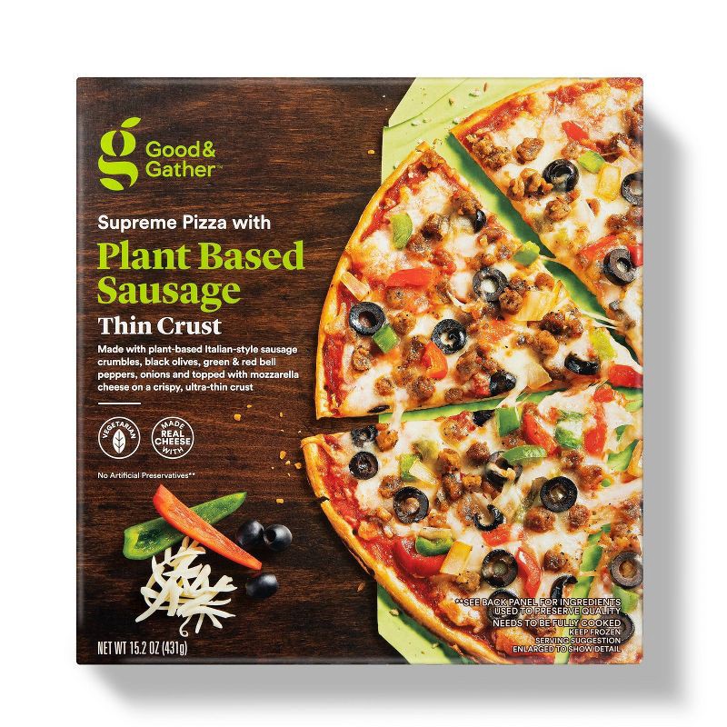 slide 1 of 3, Frozen Thin Crust Supreme Pizza with Plant-Based Sausage - 15.2oz - Good & Gather™, 15.2 oz