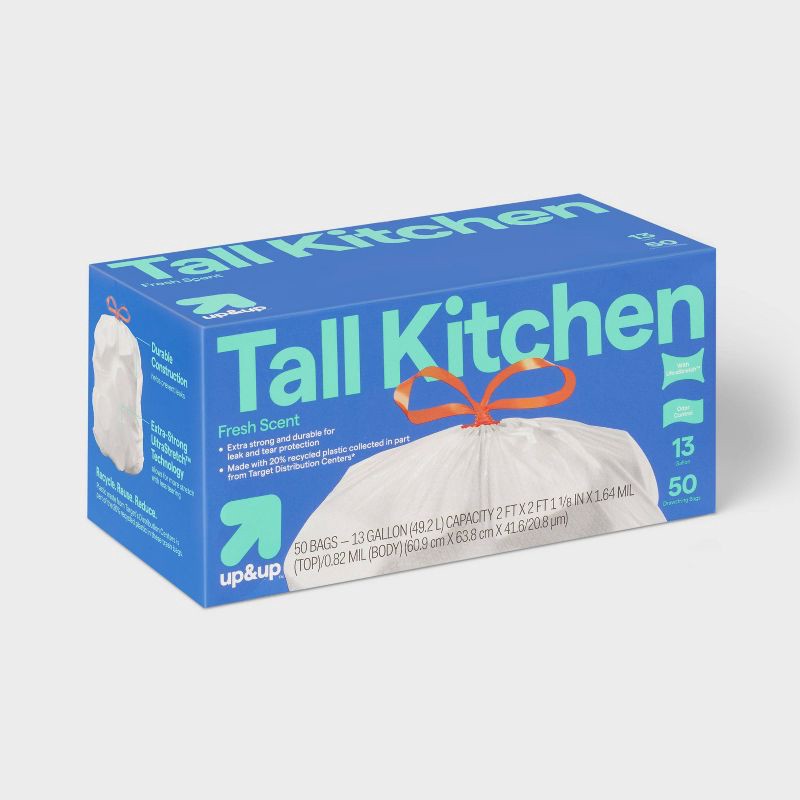slide 3 of 4, UltraStretch Tall Kitchen Drawstring Trash Bags - Fresh Scent - 13gal/50ct - up&up™, 13 gal, 50 ct