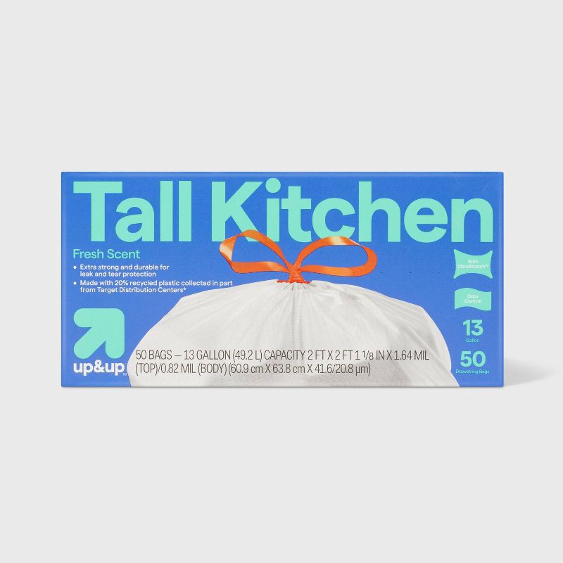 slide 1 of 4, UltraStretch Tall Kitchen Drawstring Trash Bags - Fresh Scent - 13gal/50ct - up&up™, 13 gal, 50 ct