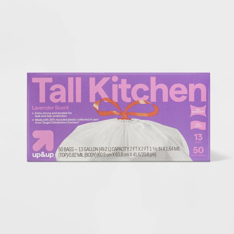 slide 1 of 5, UltraStretch Tall Kitchen Drawstring Trash Bags - Lavender Scent - 13gal/50ct - up&up™, 13 gal, 50 ct