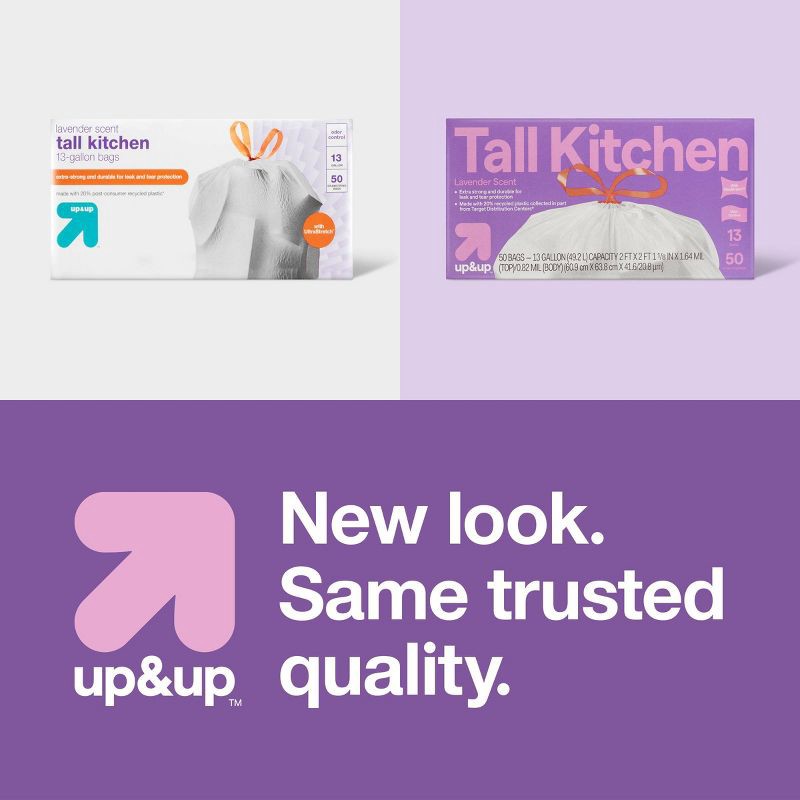 slide 5 of 5, UltraStretch Tall Kitchen Drawstring Trash Bags - Lavender Scent - 13gal/50ct - up&up™, 13 gal, 50 ct
