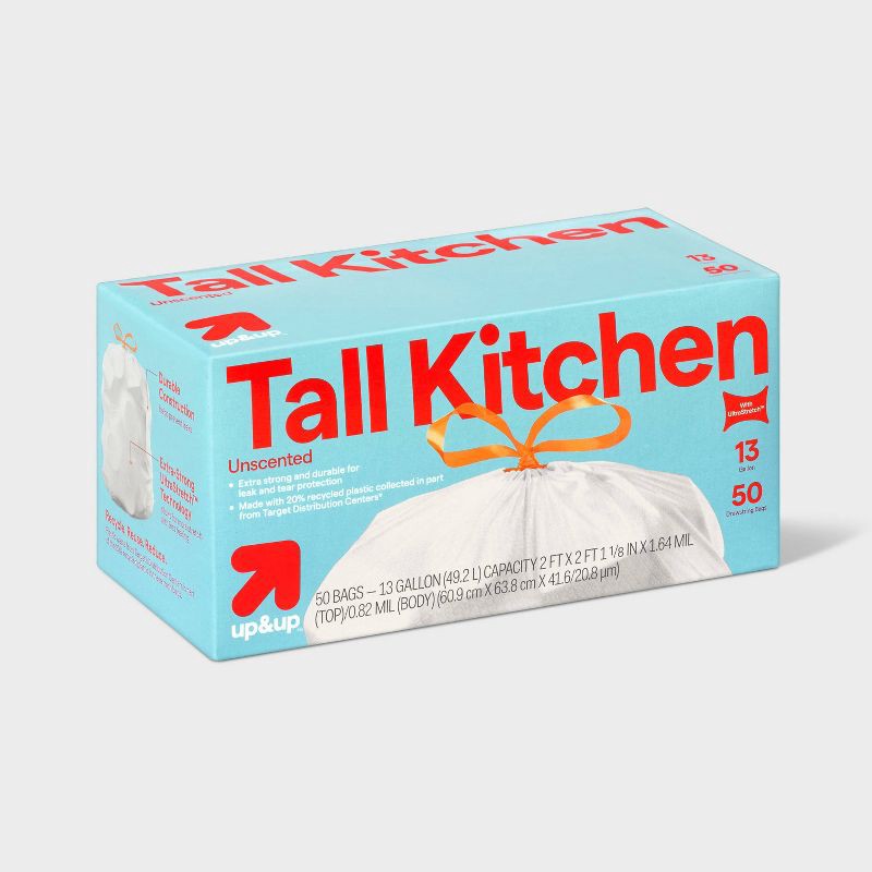 slide 3 of 4, UltraStretch Tall Kitchen Drawstring Trash Bags - Unscented - 13gal/50ct - up&up™, 13 gal, 50 ct