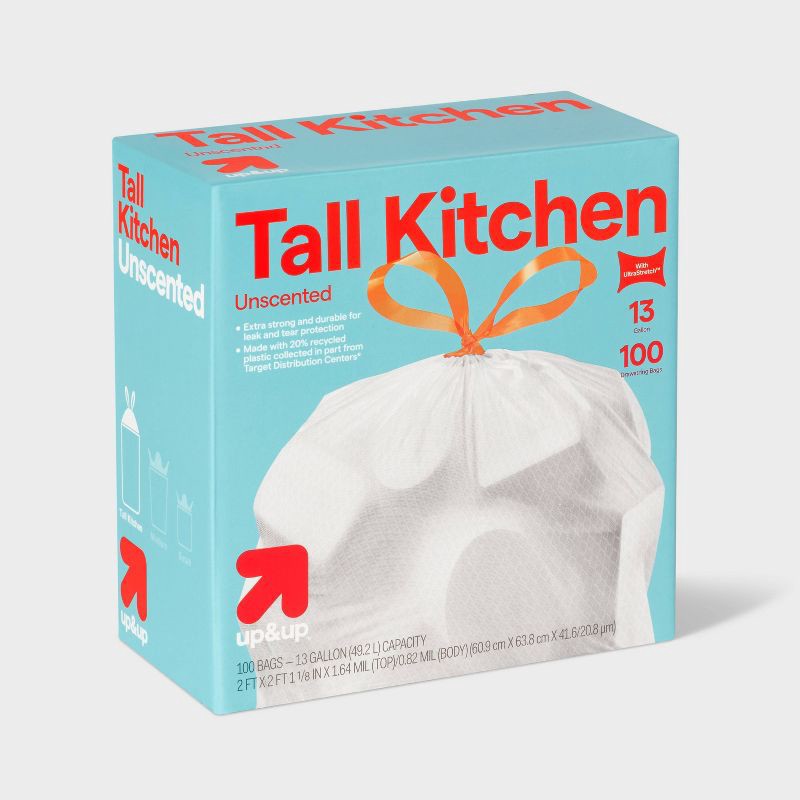 slide 3 of 4, UltraStretch Tall Kitchen Drawstring Trash Bags - Unscented - 13gal/100ct - up&up™, 13 gal, 100 ct