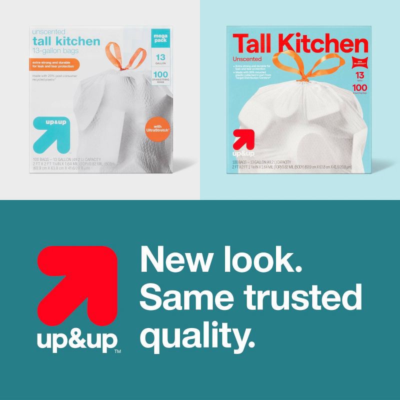slide 4 of 4, UltraStretch Tall Kitchen Drawstring Trash Bags - Unscented - 13gal/100ct - up&up™, 13 gal, 100 ct