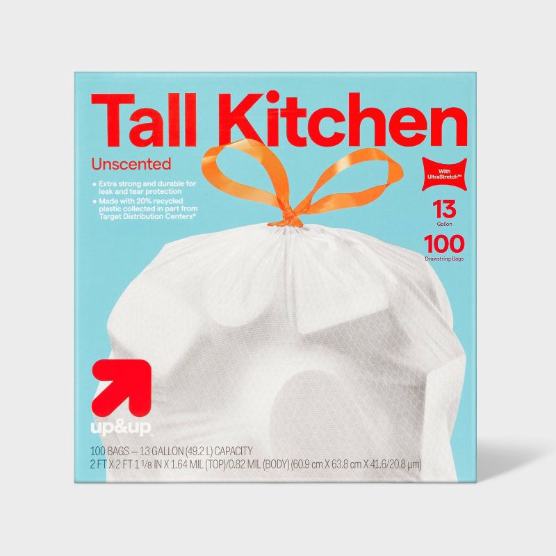 slide 1 of 4, UltraStretch Tall Kitchen Drawstring Trash Bags - Unscented - 13gal/100ct - up&up™, 13 gal, 100 ct