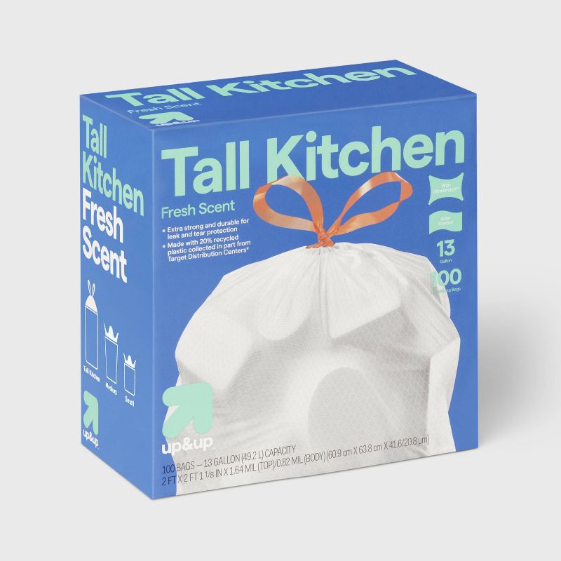 slide 3 of 4, UltraStretch Tall Kitchen Drawstring Trash Bags - Fresh Scent - 13gal/100ct - up&up™, 13 gal, 100 ct