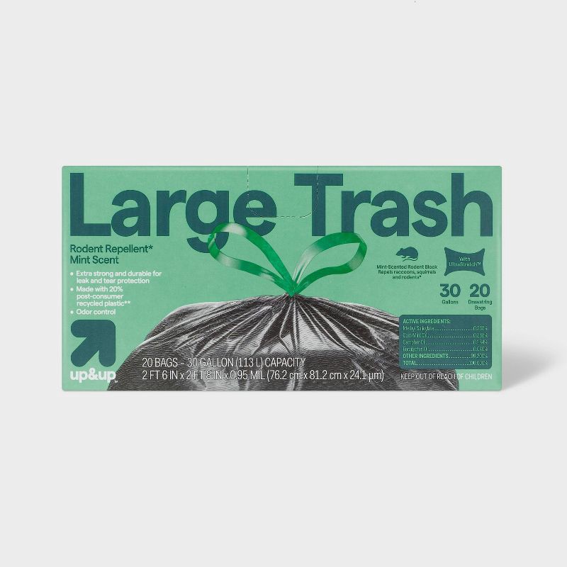 slide 1 of 4, Extra-Strong Rodent Repellent Large Drawstring Trash Bags - Mint Scent - 30gal/20ct - up&up™, 30 gal, 20 ct
