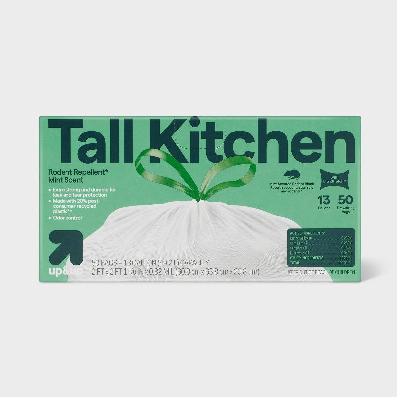 slide 1 of 4, UltraStretch Rodent Repellent Tall Kitchen Drawstring Trash Bags - Mint Scent - 13gal/50ct - up&up™, 13 gal, 50 ct