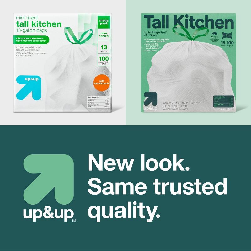 slide 4 of 4, UltraStretch Rodent Repellent Tall Kitchen Drawstring Trash Bags - Mint Scent - 13gal/100ct - up&up™, 13 gal, 100 ct