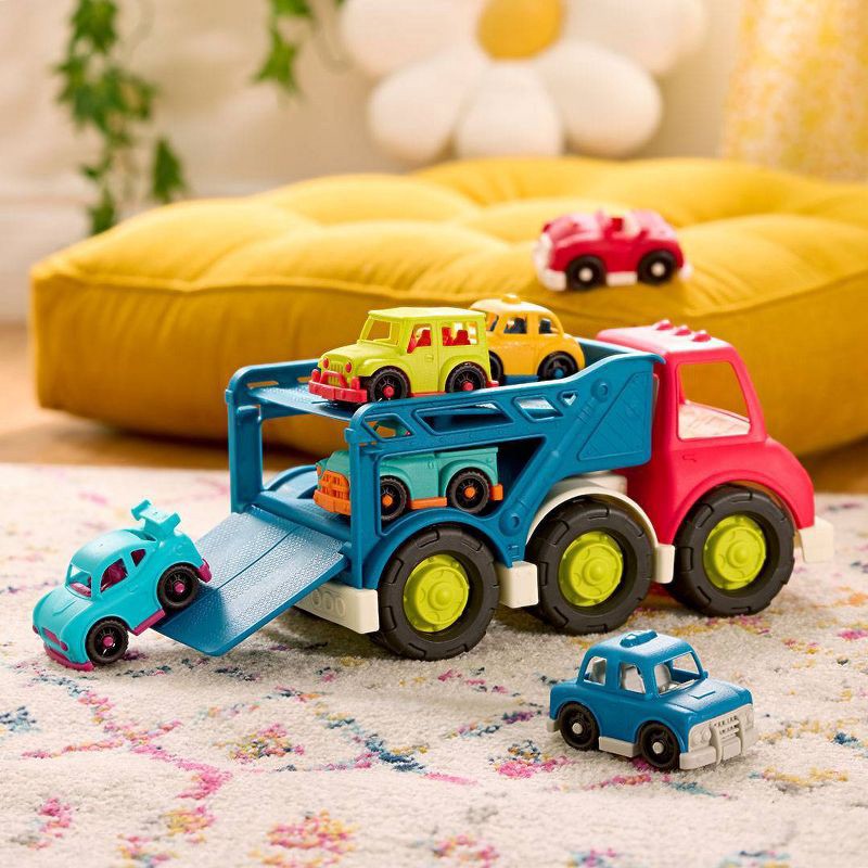 slide 2 of 8, B. toys - Car Carrier Truck & 6 Cars - Happy Cruisers, 1 ct
