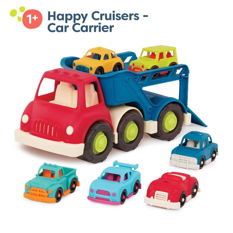 slide 3 of 8, B. toys - Car Carrier Truck & 6 Cars - Happy Cruisers, 1 ct