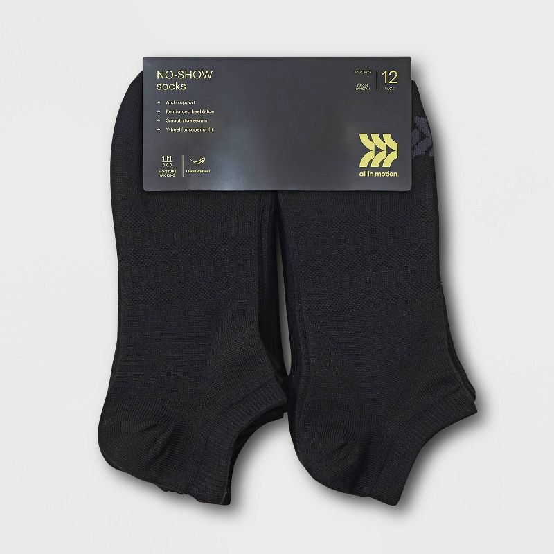 slide 2 of 3, Men's No Show Light Weight Performance Socks 12pk - All In Motion™ Black 6-12: Arch Support, Reinforced Heel & Toe, 12 ct