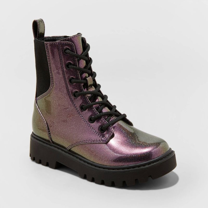 slide 1 of 4, Girls' Rochelle Glitter Zipper Lace-Up Combat Boots - art class™ Purple 4, 1 ct