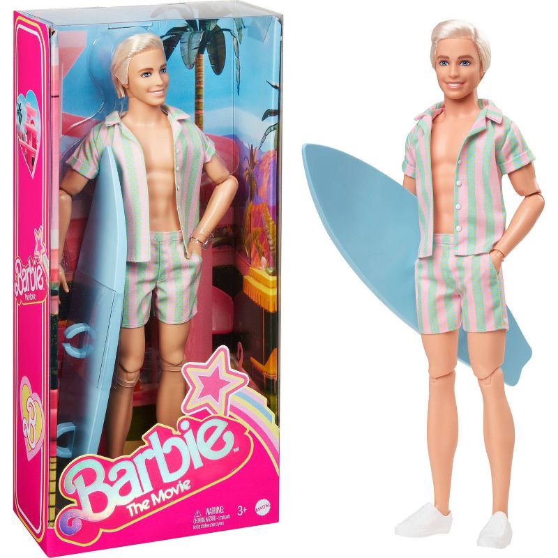 slide 1 of 6, Barbie: The Movie Ken Doll Wearing Pastel Striped Beach Matching Set, 1 ct