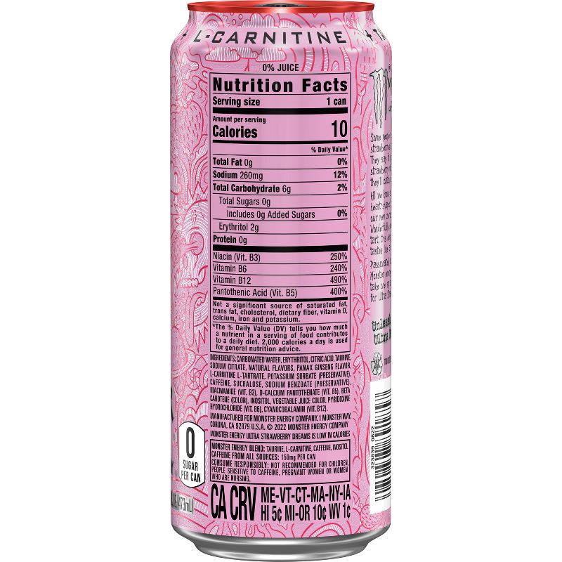 slide 3 of 5, Monster Energy Monster Ultra Strawberry Dreams Energy Drink - 16 fl oz Can, 16 fl oz