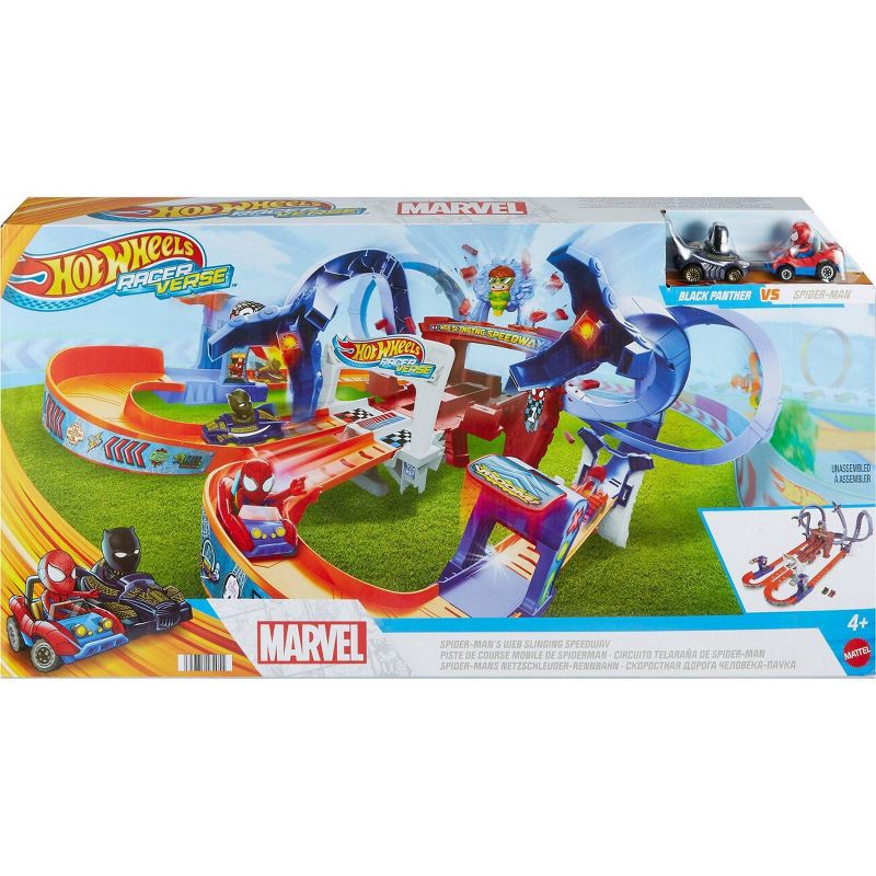 slide 2 of 6, Hot Wheels RacerVerse Spider-Man’s Web-Slinging Speedway Track Set, 1 ct