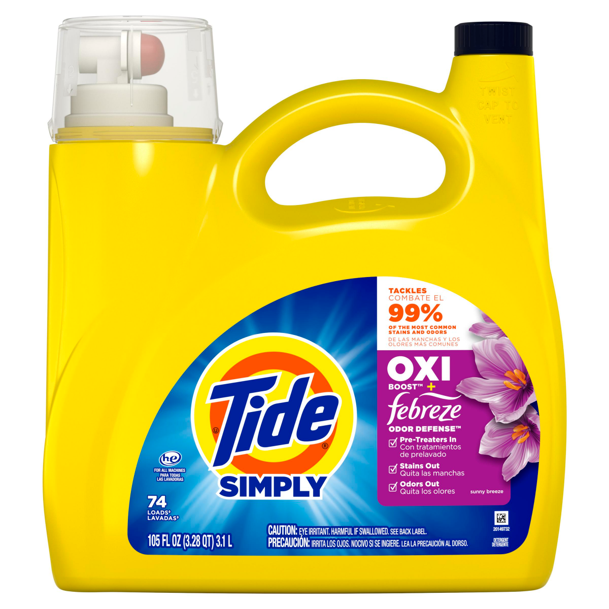 slide 6 of 25, Tide Simply Oxi Boost + Febreze Odor Defense, 74 Loads, Tough on Stains and Odors, Febreze Sunny Breeze Scent, 105 fl oz