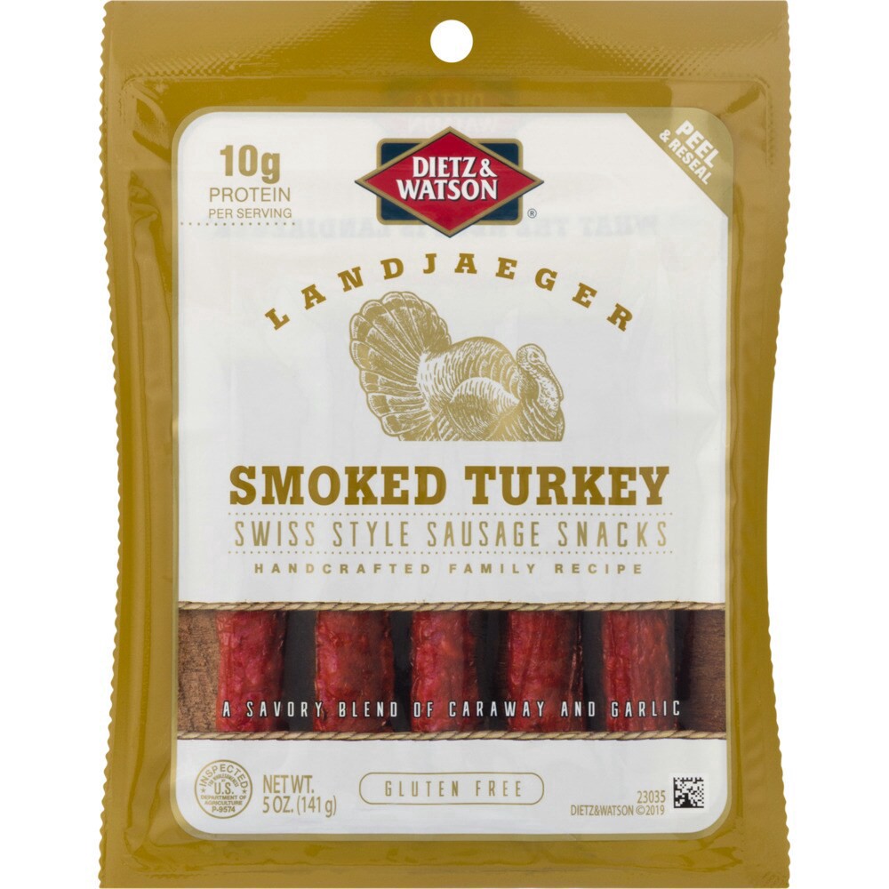 slide 1 of 1, Dietz & Watson Landjaeger Smoked Turkey Swiss Sausage Snacks, 5 oz