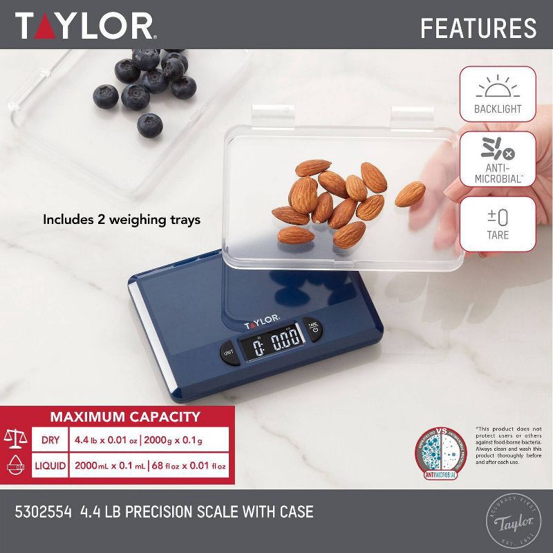 slide 11 of 12, Taylor Precision 4.4lb Digital Kitchen Food Scale with Weighing Tray Blue, 4.4 lb