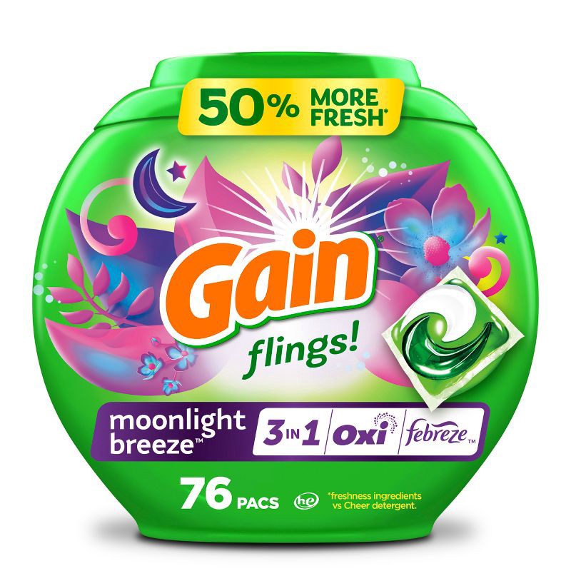 slide 1 of 13, Gain flings! Moonlight Breeze HE Deep Cleaning Concentrated Laundry Detergent Pods 76 Pacs - 51oz, 76 ct