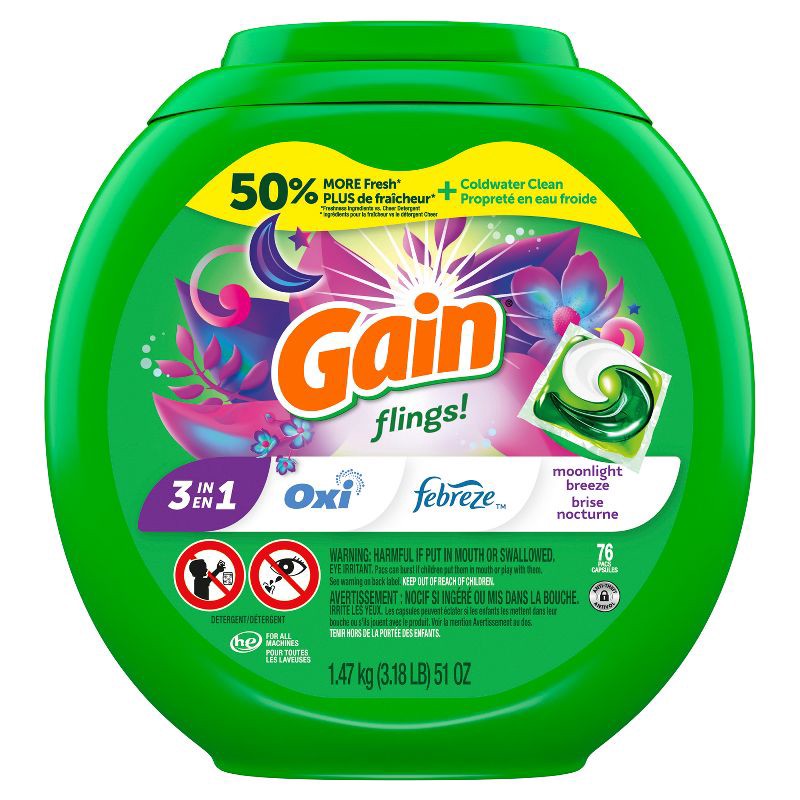 slide 12 of 13, Gain flings! Moonlight Breeze HE Deep Cleaning Concentrated Laundry Detergent Pods 76 Pacs - 51oz, 76 ct