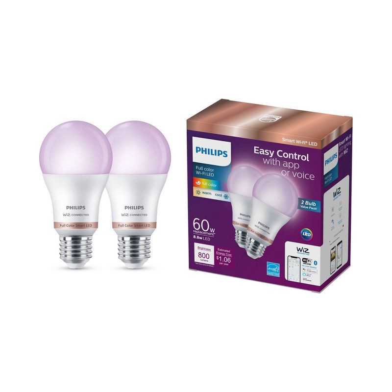 slide 2 of 11, Philips 2pk Smart Wi-Fi 60W Multi-Colored LED Light Bulb A19 2P: E26 Base, Voice Control, Dimmable, Compatible with Alexa, Google, Siri, 2 ct