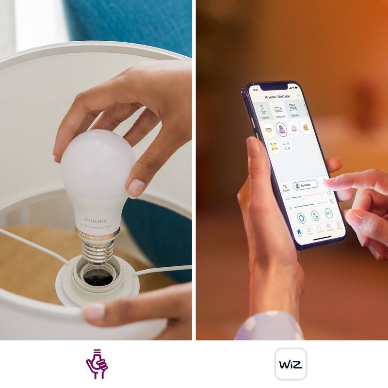 slide 5 of 11, Philips 2pk Smart Wi-Fi 60W Multi-Colored LED Light Bulb A19 2P: E26 Base, Voice Control, Dimmable, Compatible with Alexa, Google, Siri, 2 ct