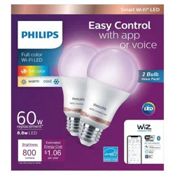 Philips 2pk Smart Wi-Fi 60W Multi-Colored LED Light Bulb A19 2P: E26 Base, Voice Control, Dimmable, Compatible with Alexa, Google, Siri