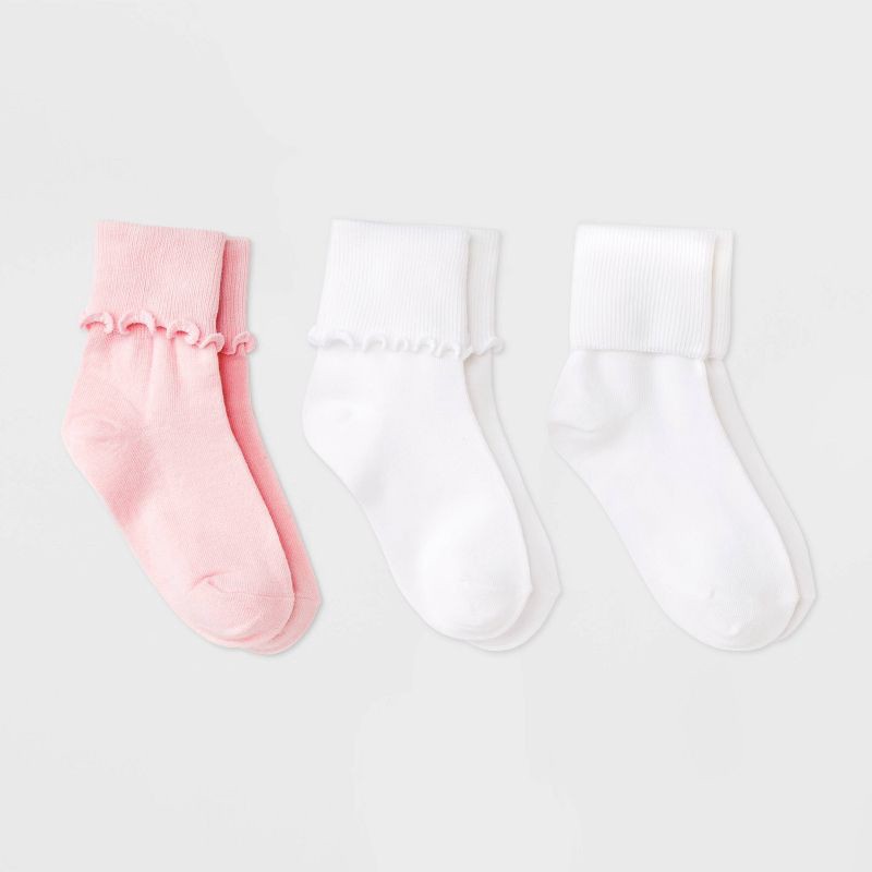 slide 1 of 3, Girls' 3pk Turn Cuff Crew Socks - Cat & Jack™ Pink S, 3 ct