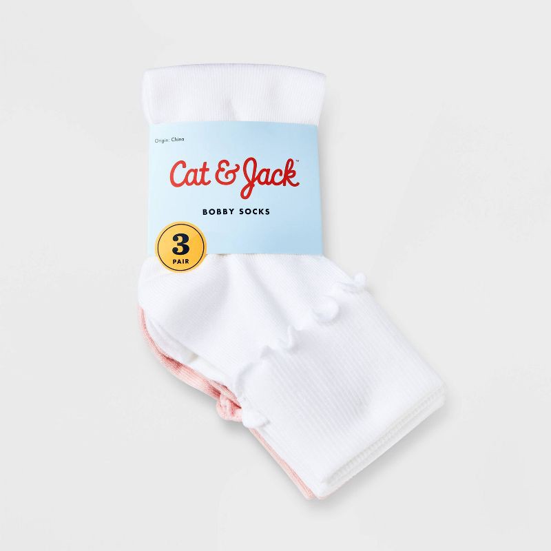 slide 2 of 3, Girls' 3pk Turn Cuff Crew Socks - Cat & Jack™ Pink L, 3 ct