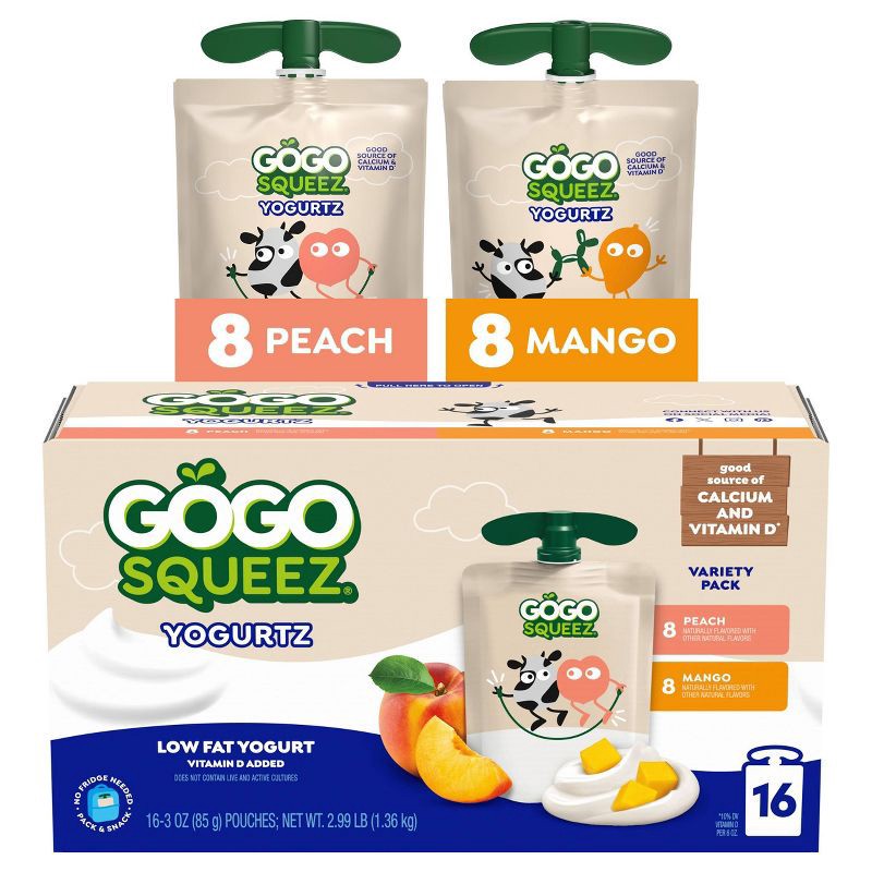 slide 1 of 7, GoGo SqueeZ yogurtZ Low Fat Peach & Mango Variety Pack - 3oz/16ct, 3 oz, 16 ct