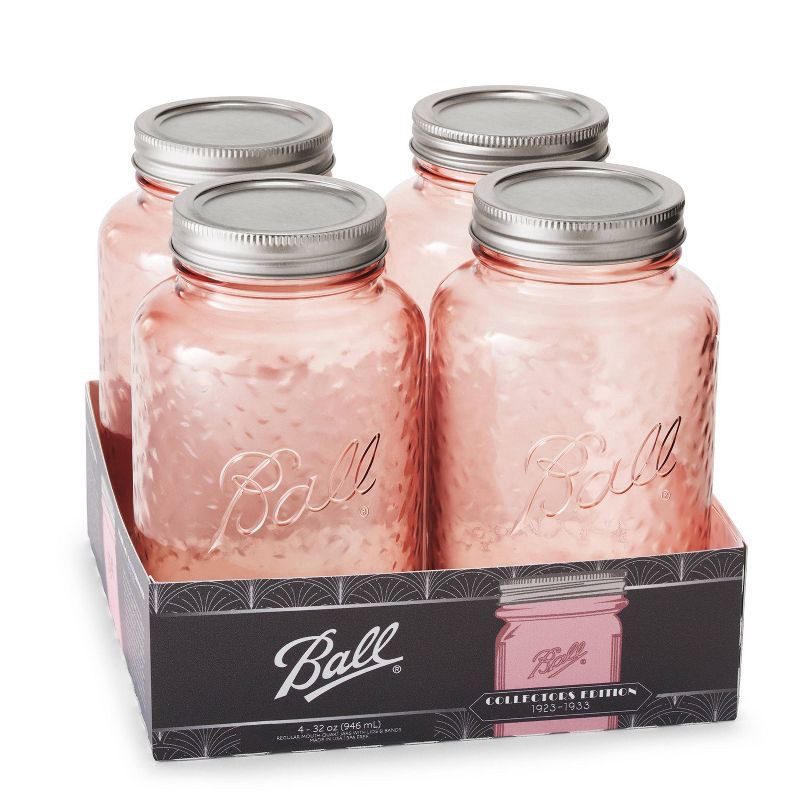 slide 1 of 8, Ball 32oz 4pk Glass Regular Mouth Rose Vintage Mason Jar with Lid and Band: Pink Canning Jars, Dishwasher-Safe, 4 ct; 32 oz