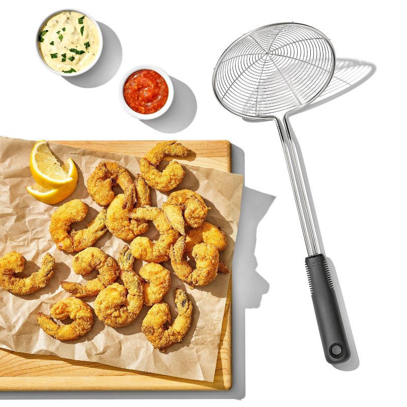 slide 3 of 8, OXO Stainless Steel Scoop and Strain Skimmer Black: Dishwasher-Safe Skimmer Spoon, 14.6" Length, 5.4" Head Diameter, 1 ct