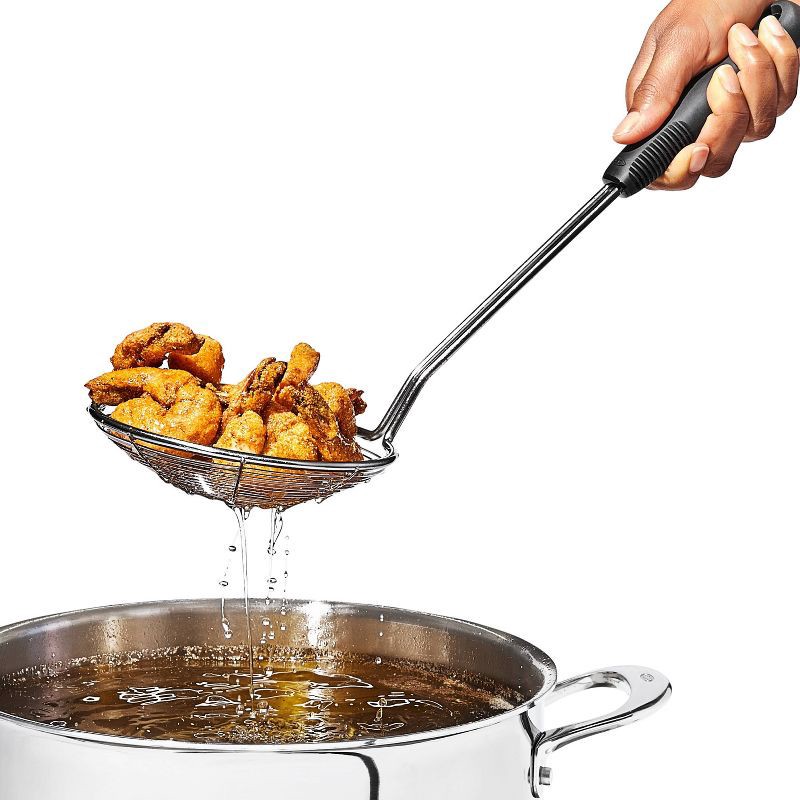 slide 4 of 8, OXO Stainless Steel Scoop and Strain Skimmer Black: Dishwasher-Safe Skimmer Spoon, 14.6" Length, 5.4" Head Diameter, 1 ct