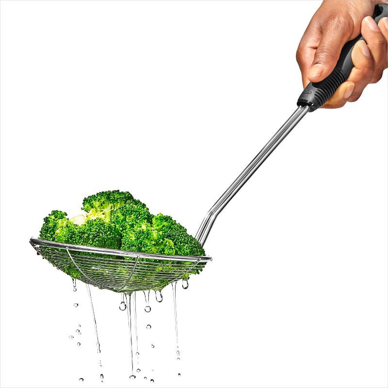 slide 6 of 8, OXO Stainless Steel Scoop and Strain Skimmer Black: Dishwasher-Safe Skimmer Spoon, 14.6" Length, 5.4" Head Diameter, 1 ct