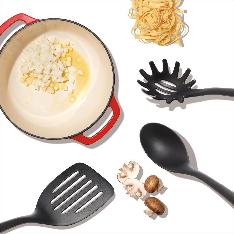 slide 6 of 6, OXO 3pc Nylon Utensil Set Black: Kitchen Utensils with Soft-Grip Handle, Includes Pasta Spoon & Slotted Turner, 3 ct