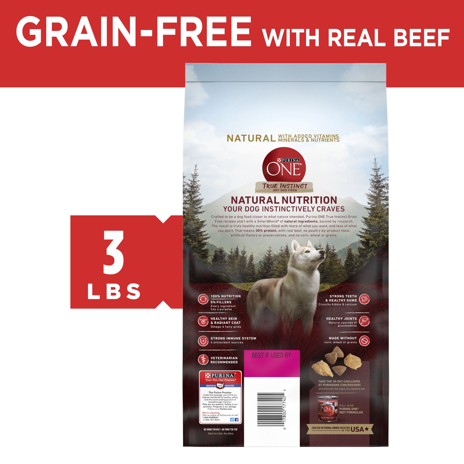 slide 7 of 9, ONE Purina ONE Grain Free Natural High Protein Dry Dog Food Formula True Instinct with Real Beef with Added Vitamins, Minerals and Nutrients, 3 lb