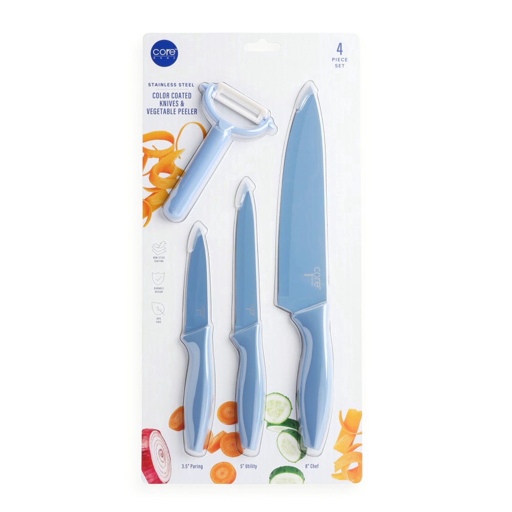 slide 2 of 2, Core Home 4 Piece Color Coated Knives & Vegetable Peeler Set - Blue, 4 ct