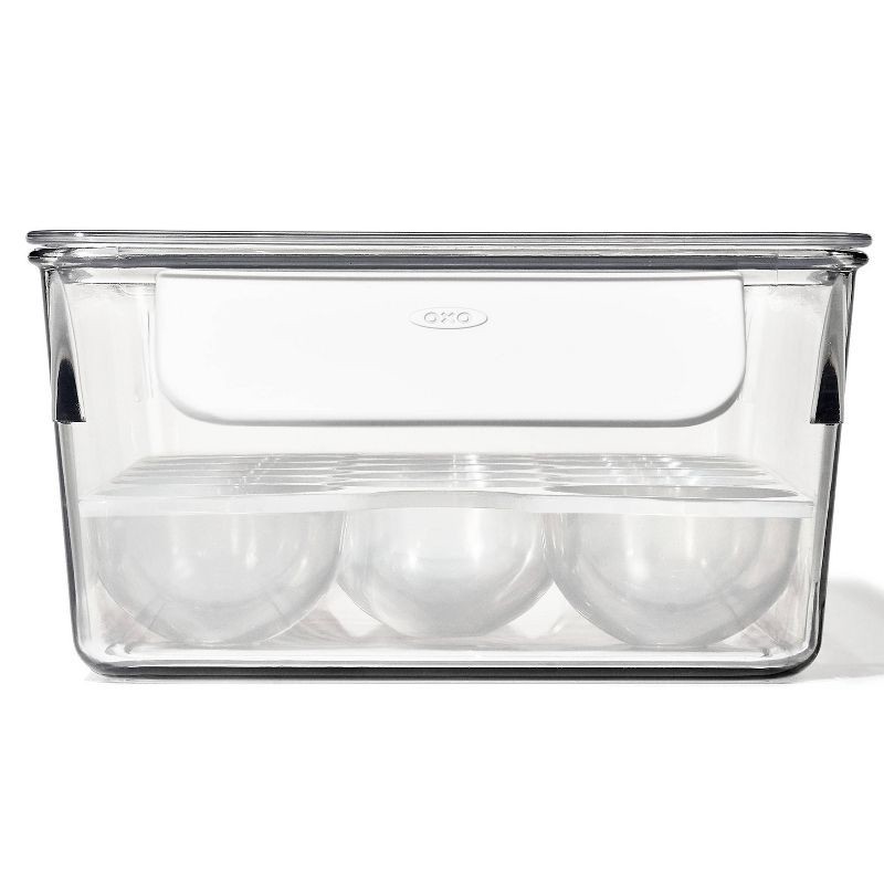 slide 2 of 6, OXO Plastic Egg Bin with Removable Tray White: Refrigerator Egg Organizer & Storage Container, Hand Wash, 14.75"x5.85"x3.2", 1 ct