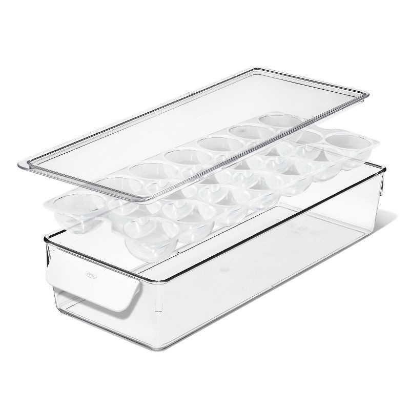 slide 4 of 6, OXO Plastic Egg Bin with Removable Tray White: Refrigerator Egg Organizer & Storage Container, Hand Wash, 14.75"x5.85"x3.2", 1 ct
