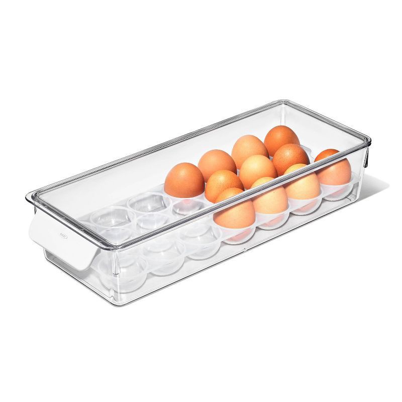 slide 5 of 6, OXO Plastic Egg Bin with Removable Tray White: Refrigerator Egg Organizer & Storage Container, Hand Wash, 14.75"x5.85"x3.2", 1 ct