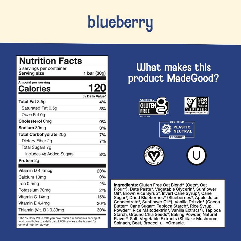 slide 3 of 9, MadeGood Mornings Blueberry Soft Baked Oat Bars - 5.3oz/5ct, 5.3 oz, 5 ct