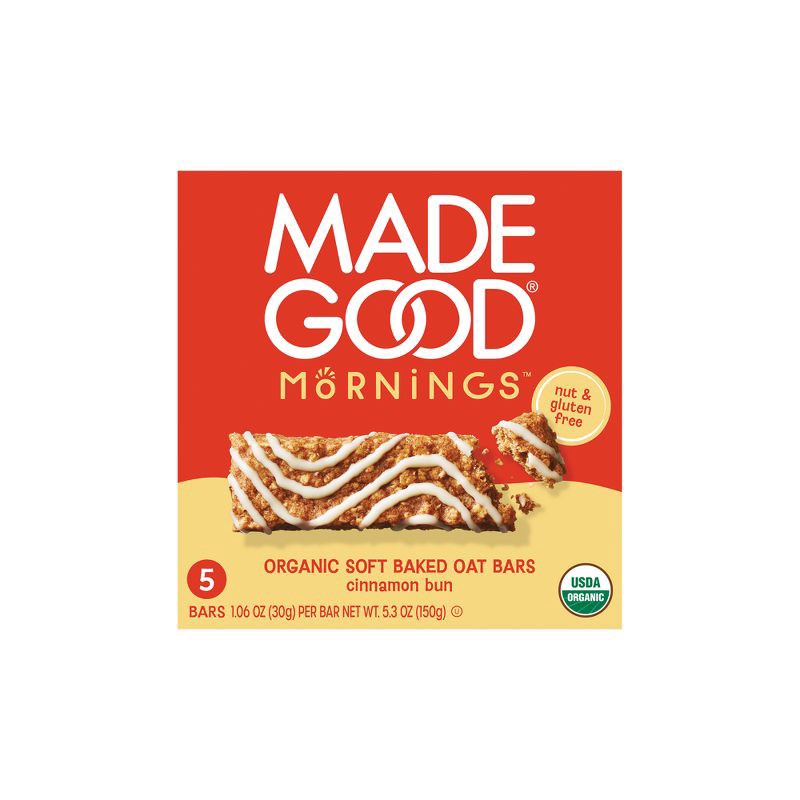 slide 1 of 9, MadeGood Mornings Cinnamon Bun Soft Baked Oat Bars - 5.3oz/5ct, 5.3 oz, 5 ct