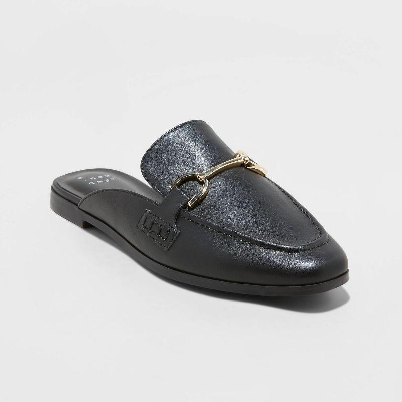 slide 1 of 4, Women's Sandy Mule Flats with Memory Foam Insole - A New Day™ Black 8: Slip-On, Faux Leather, Pointed Toe, 1 ct