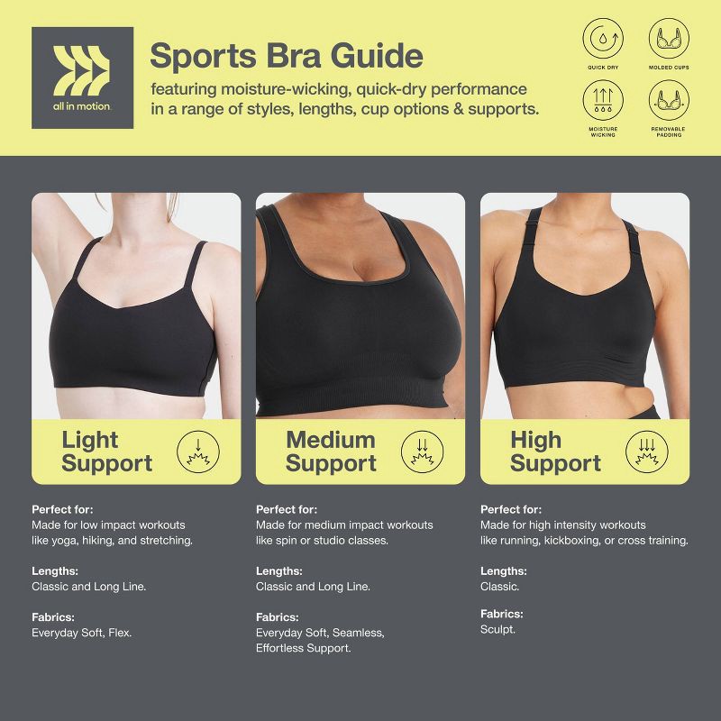 slide 6 of 6, Women's Everyday Soft Light Support Strappy Sports Bra - All In Motion™ Black XL: Moisture Wicking, Quick Drying, Padded Molded Cup, 1 ct