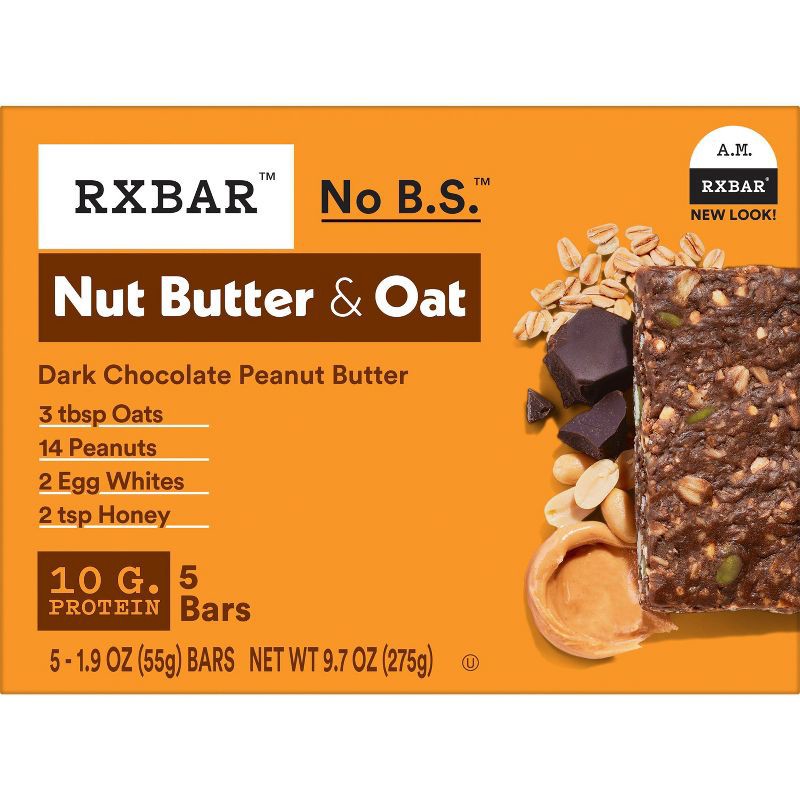 slide 9 of 11, RXBAR Nut Butter & Oat Dark Chocolate Peanut Butter Protein Bars - 9.7oz/5ct, 9.7 oz, 5 ct