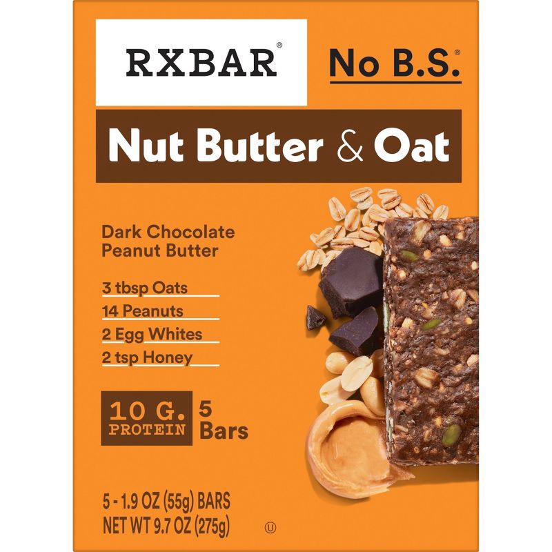 slide 10 of 13, RXBAR Nut Butter & Oat Dark Chocolate Peanut Butter Protein Bars - 9.7oz/5ct, 9.7 oz, 5 ct